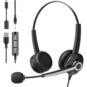 Voistek Cuffie USB con Microfono per PC, 3 in 1 (USB-C, USB-A, 3.5mm Jack), On-Ear Headset con Microfono Cancellazione del Rumore per Ufficio, Lavoro, Call Center, Zoom, Home Office, Corsi Online