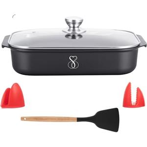 Stone&Stone Teglia Forno Rettangolare 34x8cm in alluminio | Super Antiaderente Tedesco | Pirofila Lasagnera Rostiera | Priva di PTFE - PFOA - PFAS | Induzione Gas Forno | Coperchio 2 Presine, Spatola