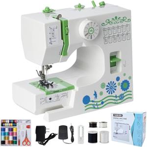 Qoosea Macchina da Cucire Elettronica Portatile, Qoosea 12 Punti di Cucitura Mini Macchina da Cucire Bambini e Principianti, Cucitrice Automatica per Tessuti con Pedale Luce LED e Kit di Attrezzi Verde