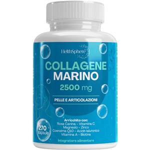 HelthSphere Collagene Marino con Acido Ialuronico 2500mg 270Cps - Con Coenzima Q10, Vitamina C, A, Biotina, Magnesio e Zinco - Per Pelle, Articolazioni e Ossa