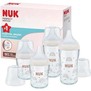 NUK Set biberon vetro Perfect Match | 3+ mesi | Si adatta al palato del bambino | Controllo temperatura | Sfiato anti-colica | 120 ml e 230 ml | Senza BPA | Tettarelle in silicone | Arcobaleno | 4 pz