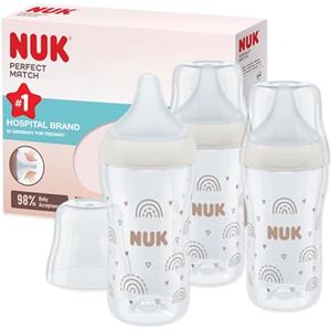 NUK Set biberon Perfect Match | 3+ mesi | Si adatta al palato del bambino | Controllo della temperatura | Sfiato anti-colica | 260 ml | Senza BPA | Tettarella media in silicone | Arcobaleno | 3 pz