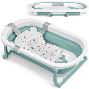 Kikka Boo KikkaBoo Vaschetta Bagnetto Neonato Pieghevole WILLY, Salvaspazio con Termometro Integrato, Cuscino Morbido di Supporto, Gambe Antiscivolo, 0-36 Mesi, Regalo Nascita Bambino, Menta