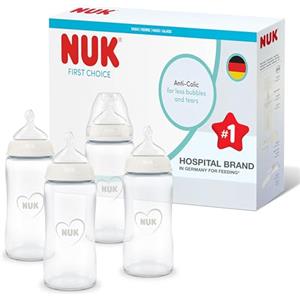 NUK First Choice Biberon | 3+ mesi | 240 ml | Biberon anti-colica | Vetro | Indicatore di controllo della temperatura | Arcobaleno | Confezione da 4