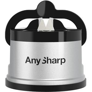 AnySharp Affilacoltelli, Sicurezza Mani Libere, Potente Suzione PowerGrip, Affila Sicuramente Tutti i Coltelli da Cucina, Ideale per Acciaio Temperato e Dentati, Il Migliore del Mondo, Argento