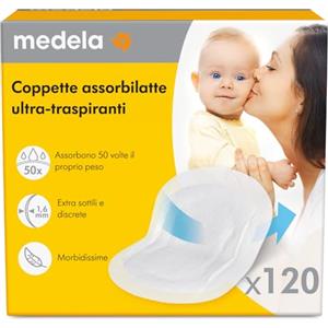 Medela Coppette Assorbilatte Ultratraspiranti, Altamente Assorbenti, Design Discreto per Uso Confortevole, Confezione da 120 Pezzi