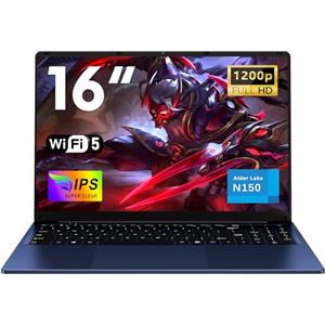 NAIKLULU 16 Pollici Computer Portatile Processor N150(1,2 a 3,6 GHz), RAM 16GB SSD 512GB PC Portatile 2026 Laptop Notebook, 1920x1200P/Tastiera Completa Retroilluminata/Webcam/6000Mah