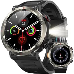 IOWODO Smartwatch Uomo Militare 1.45" con Chiamate Bluetooth, Batteria 960mAh, Torcia LED, Bussola, IP68 Impermeabile, Monitoraggio Cuore/Ossigeno nel Sangue/Sonno, 100+ Modalità Sportive, 2 Cinturini