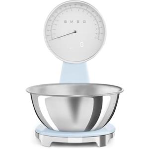 Smeg, Bilancia da Cucina Digitale e Analogica KSF01PBWW, Ciotola in Acciao Inox 1,8L Removibile, Quattro Unità di Misura g/ml e lb.oz/fl.oz, con Funzione Tara, Portata Massima 5kg, Azzurro Pastello