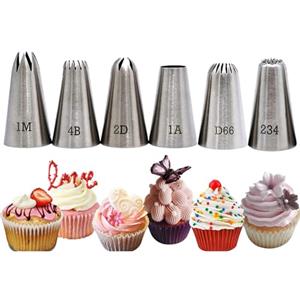 Xanewza Set di 6 Beccucci in Acciaio Inox, Beccucci Sac a Poche Grandi, Punte per Piping Grandi (1M, 2D, 4B, 1A, D66 e 234) per Decorare Torte per Cottura Fai da Te Torta alla Crema Cupcake (6PCS Beccucci)