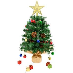 Uten Mini Albero di Natale, 60 cm Alberi di Natale con 50 Luci LED, 5 Gruppi Bacche Rosse, 5 Pigne, Confezione Regalo, Stelle e 18 Palline di Natale per Ufficio, Soggiorno, Davanzale