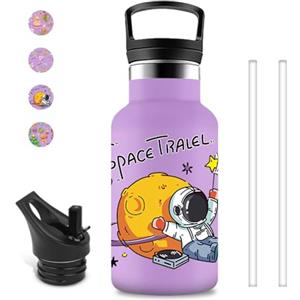 Mujigaga Borraccia Bambini, 350ml Borraccia Termica, Senza Perdite, Borracce Cannuccia, Facile da Pulire, Borracce Metallo, per Scuole, Ufficio, Caffè, Campeggio