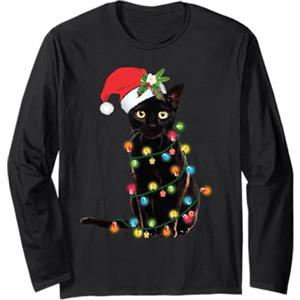 Tronic Tees Black Cat Santa aggrovigliato nelle luci di Natale Maglia a Manica
