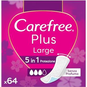 Carefree Salvaslip Plus Large Senza Profumo, Salva slip donna extra ampio con protezione 5in1 per 8h di sensazione di asciutto, Assorbenti senza profumo ultra sottili per uso quotidiano, 64 salvaslip