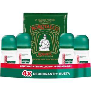 Borotalco, Deodorante Roll-On Originale, con Talco a Cristalli Attivi, Tripla Protezione Asciutta, Senza Alcool, Profumo di Borotalco - 4 Pezzi da 50 ml - Esclusiva Amazon