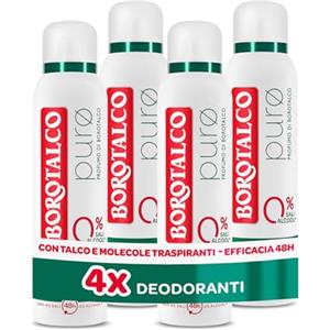 Borotalco, Deodorante Spray Puro, Talco con Molecole Traspiranti, Asciutto Anti-Odori, 48h efficacia, Senza Alcool e Sali di Alluminio, Profumo di Borotalco - 4 Pezzi da 150 ml - Esclusiva Amazon