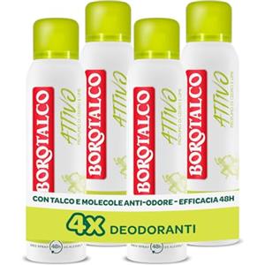 Borotalco, Deodorante Spray Attivo Giallo, Talco con Molecole Anti-Odore, Efficacia Fresca, 48h efficacia, Senza Alcool, Profumo di Cedro e Lime - 4 Pezzi da 150 ml - Esclusiva Amazon