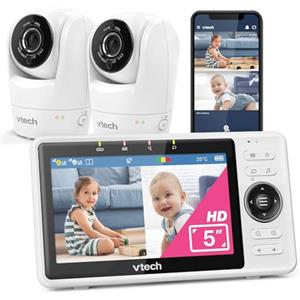 VTech baby monitor video smart Wi-Fi con 2 telecamere, videocamera FHD 1080p e schermo IPS HD da 5", rilevamento video e movimento, rilevamento suoni/movimenti, modalità schermo diviso: VM901-2W