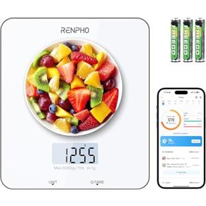 RENPHO Bilancia da Cucina Digitale, Bilancia Elettronica per Alimenti per Cottura e Caffè, Apparecchio Bilancia da Cucina per Keto, Macro, Calorie e Perdita di Peso con App per Smartphone, Bianco