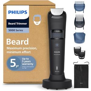 Philips Regolabarba Philips serie 5000 - Lame in metallo autoaffilanti, 40 impostazioni di lunghezza, tecnologia BeardSense, raccoglitore peli, impermeabile, pettine sfumatura, custodia da viaggio, BT5785/30