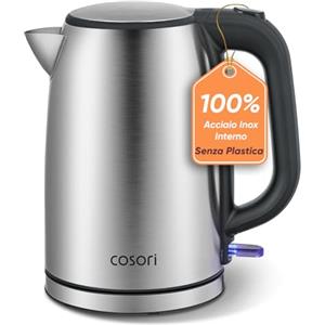 COSORI Bollitore Elettrico in Acciaio Inox 1,7 Litri, Contatto con l'Acqua Senza Plastica, 2200 W, Tecnologia del Strix, Base Girevole a 360°, Argento-Nero