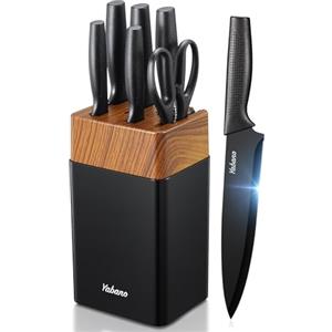 Yabano Set Coltelli da Cucina 7 Pezzi con Ceppo in Plastica e Affilatore Integrato, Lame Antiaderenti e Antiruggine in Acciaio Inox (Nero)