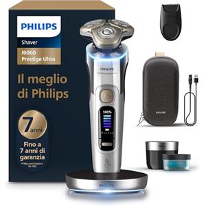 Philips Shaver i9000 Prestige Ultra, rasoio elettrico Wet & Dry, tecnologia Skin IQ Pro, triplo sistema di sollevamento e taglio, lame di precisione NanoTech 360º, 5 modalità di rasatura, XP9404/31