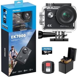 AKASO EK7000 Action Cam 4K WiFi Impermeabile 30M con Scheda 128GB, Fotocamera Subacquea WiFi 20MP, Microfono Esterno, Telecomando, 2 Batterie 1050 mAh, Accessori per Sport