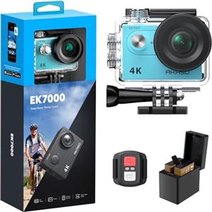 AKASO EK7000 Action Cam 4K 30FPS, WiFi 20MP Fotocamera Subacquea 30M, Videocamera Stabilizzata Caricabatterie con 2 Batterie Angolo di 170° Telecomando 2.4G e Kit Accesorios Multiples (Blu)