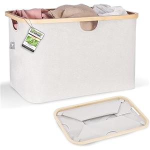 HENNEZ - Cesto portabiancheria Beige/Grigio 60L - Cesta portabiancheria - Portabiancheria salvaspazio - Portabiancheria sporca - Porta biancheria sporca per bagno - Cestone portagiochi