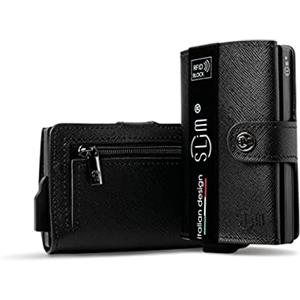 SLim Porta Carte di Credito Schermato Portafoglio Uomo Rfid Portatessere Anticlonazione Donna Portacarte Uomo (Saffiano Nero, Con Zip)