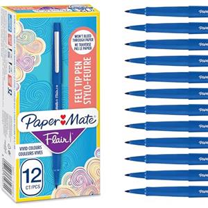 Papermate Flair Penna Media Blu 1.1 mm - Scatola da 12 pz, Punta in Nylon, Inchiostro a Base d'Acqua