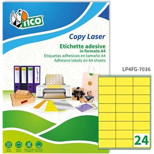 Tico LP4FG-7036 Etichette adesive fluorescenti gialle 70x36 mm - 24 etichette per foglio - Adesivo permanente - Confezione da 70 fogli