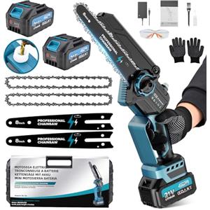 RINOXAR Mini Motosega a Batteria, 8 Pollici Motosega Elettrica Brushless con 8000mAh Batterie 1200W, Sega a Batteria per Potatura con Pompetta Olio, per Potatura, Artigianato e Progetti FAI DA TE