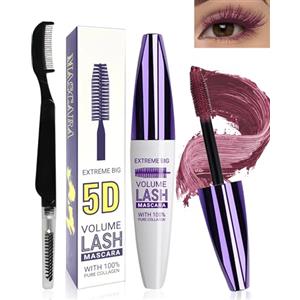 LYSdefeu Mascara in fibra di seta 5D, impermeabile, con spazzola per ciglia, bordeaux, telescopica, allungabile, voluminosa, durevole, per cosplay e feste, uso colorato