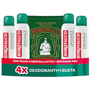 Borotalco, Deodorante Spray Originale, con Talco a Cristalli Attivi, Tripla Protezione Asciutta, Senza Alcool, Profumo di Borotalco, 48h efficacia - 4 Pezzi da 150 ml - Esclusiva Amazon