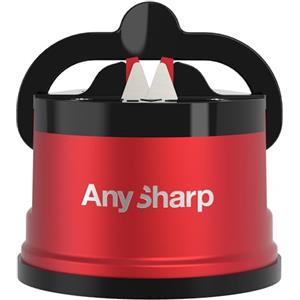 AnySharp Affilacoltelli AnySharp Pro Metal, Sicurezza Mani Libere, Potente Suzione PowerGrip, Affila Tutti i Coltelli da Cucina, Ideale per Acciaio Temperato e Dentati, Il Migliore del Mondo, Metallo Rosso