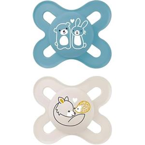 MAM Original Start Succhietto 0-2 Mesi (Set da 2), Ciuccio MAM 0-2 mesi con tettarella ortodontica in silicone, Kit da 2 accessori neonato con porta ciuccio sterilizzatore, Azzurro/Neutro