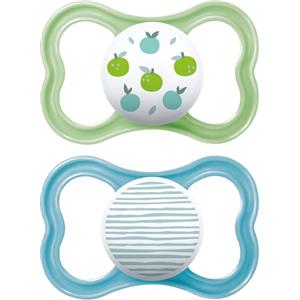 MAM Air Succhietto 16+ Mesi (Set da 2), Ciuccio MAM 16-36 mesi per pelli sensibili e delicate, Kit 2 accessori neonato con tettarella in caucciù naturale e porta ciuccio sterilizzatore, Azzurro/Verde
