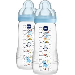 MAM Biberon Easy Active Baby Bottle 330 ml (Set da 2), Kit da 2 biberon MAM per bambini attivi ergonomici e pratici, Accessori neonato 4+ mesi allattamento con tettarella misura 3, Azzurro assortito