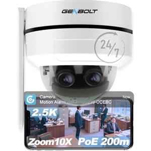 GENBOLT 2.5K Telecamera WiFi di sicurezza interni ed esterni, 360 ° Doppio lente Sorveglianza domestica IP CCTV,PTZ 10x Zoom ibrido,Antivandalismo IK10, IP66 impermeabile,2.4G/5GHz Wi-Fi dual-band