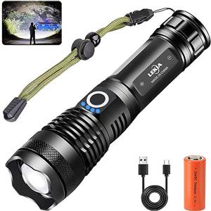 LEKIA Torcia LED Potente 90000 Lumen, Professionale Ricaricabile Tattica Militare Torce XHP70.2, Elettrica Torcia IP65 Impermeabile 5 Modalità Alta Potenza Campeggio Torcia Zoomabile con 26650 Batteria
