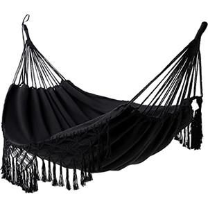 KEREITH Amaca da esterno cotone doppio amaca brasiliana amaca da giardino sospesa Fino a 2 persone/200 kg 200x150cm (Tela di cotone nera stile brasiliano, carico massimo 200 kg)