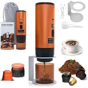 RoserRose Caffettiera Portatile, Macchina per Caffè Viaggio - Senza Fili & Auto-Riscaldante - Con Batteria 7800mAh, 15 Bar di Pressione - Compatibile con NS/DG/Caffè Macinato (Arancione)