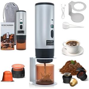 RoserRose Caffettiera Portatile, Macchina per Caffè Viaggio - Senza Fili & Auto-Riscaldante - Con Batteria 7800mAh, 15 Bar di Pressione - Compatibile con NS/DG/Caffè Macinato (Grigio)