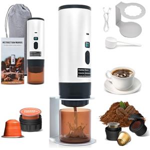 RoserRose Caffettiera Portatile, Macchina per Caffè Viaggio - Senza Fili & Auto-Riscaldante - Con Batteria 7800mAh, 15 Bar di Pressione - Compatibile con NS/DG/Caffè Macinato (Bianco)