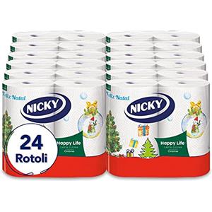 Nicky Happy Life Christmas - Carta Igienica Natalizia, 42 Rotoli da 170 Strappi, a 3 Veli, Apertura Facilitata, 4 Fantasie con Decori Natalizi, Morbida e Resistente, Allegra e Festiva, Carta FSC
