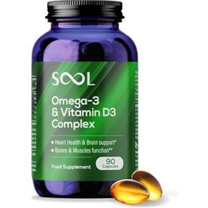 SOOL Omega 3 e Vitamina D3 Complesso in Softgel, 90 Capsule | 20% EPA e 50% DHA | Integratore Omega-3 Due al Giorno | Vitamina D3 2000UI per Porzione
