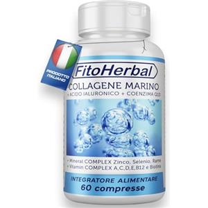 FitoHerbal COLLAGENE MARINO CON ACIDO IALURONICO Coenzima Q10 | Compresse di Collagene Idrolizzato Potenziato con Vitamina Complex A C D E B12 Biotina Zinco Selenio Mantenimento Pelle Capelli Articolazioni Ossa