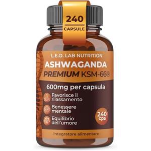 L.E.O LAB Ashwagandha KSM-66® 1200 mg Pura - 240 Capsule Vegane - Estratto da Radice ≥5% Witanolidi per Stress, Energia, Concentrazione e Benessere Psicofisico